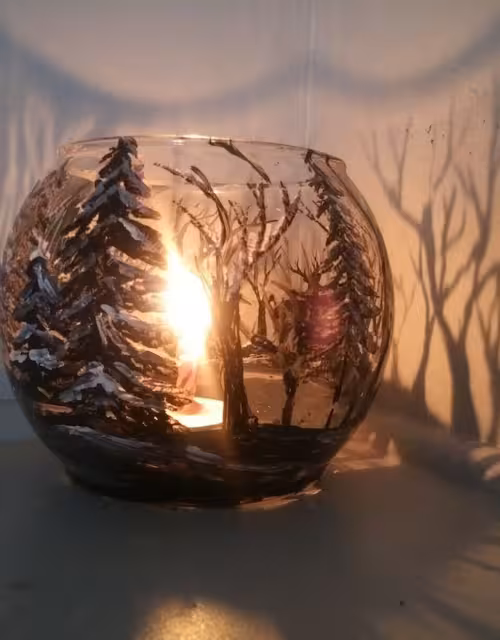 Art , Black Deer, winter, forest ,hand painted , glass bowl ,beautiful shadow , candle holder, fun, gift , unique, beautiful
